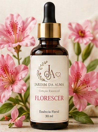 Frasco do floral Florescer, da Coleção Essencial do Jardim da Alma, entre azaleias cor-de-rosa