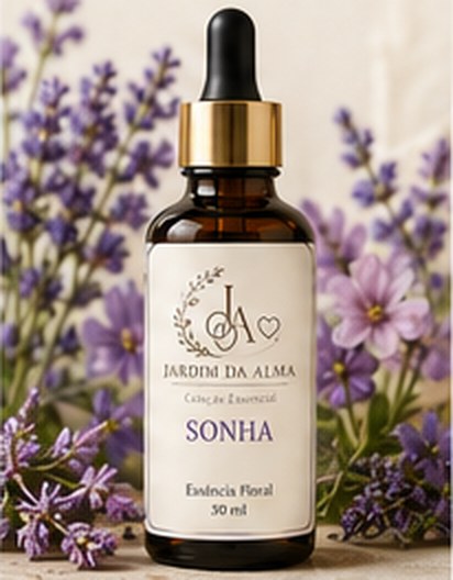 Frasco do floral Sonha, da Coleção Essencial do Jardim da Alma, entre lavanda e malva