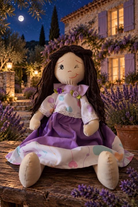 Lavie, a Guardiã dos Sonhos, boneca de vestido lilás numa noite estrelada entre lavandas