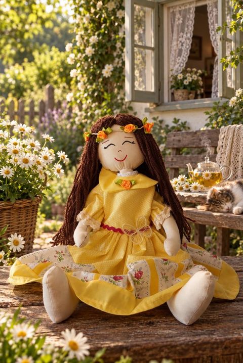 Lumi, a Guardiã da Serenidade, boneca de vestido amarelo sentada num banco de madeira entre margaridas