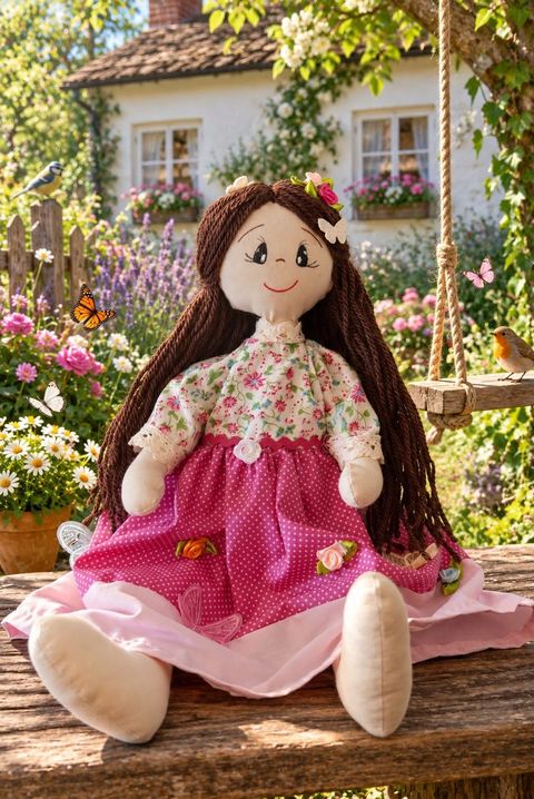 Maya, a Guardiã da Alegria, boneca de saia cor-de-rosa sentada junto a um balanço num jardim florido
