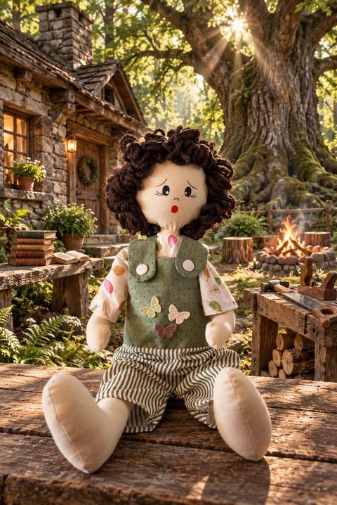 Theo, o Guardião da Coragem, boneco de jardineiras verdes diante de uma casa de pedra e de um grande carvalho