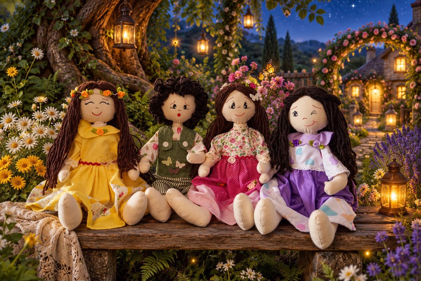 As quatro Guardiãs — Lumi, Theo, Maya e Lavie — sentadas lado a lado num banco de madeira, num jardim iluminado por lanternas