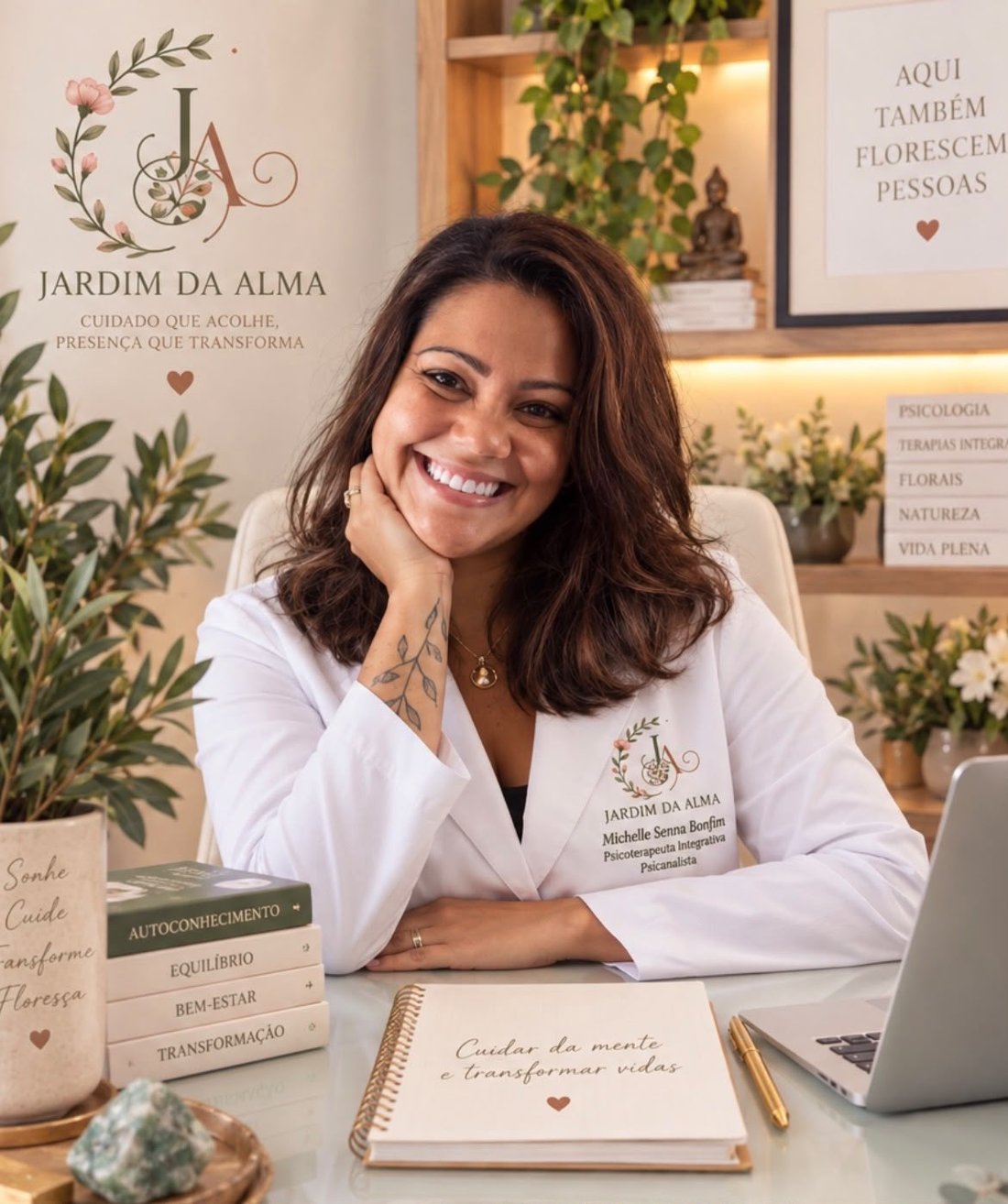 Michelle Senna Bonfim à secretária do Jardim da Alma, com o logótipo da casa na parede e livros sobre psicologia, terapias integrativas e florais