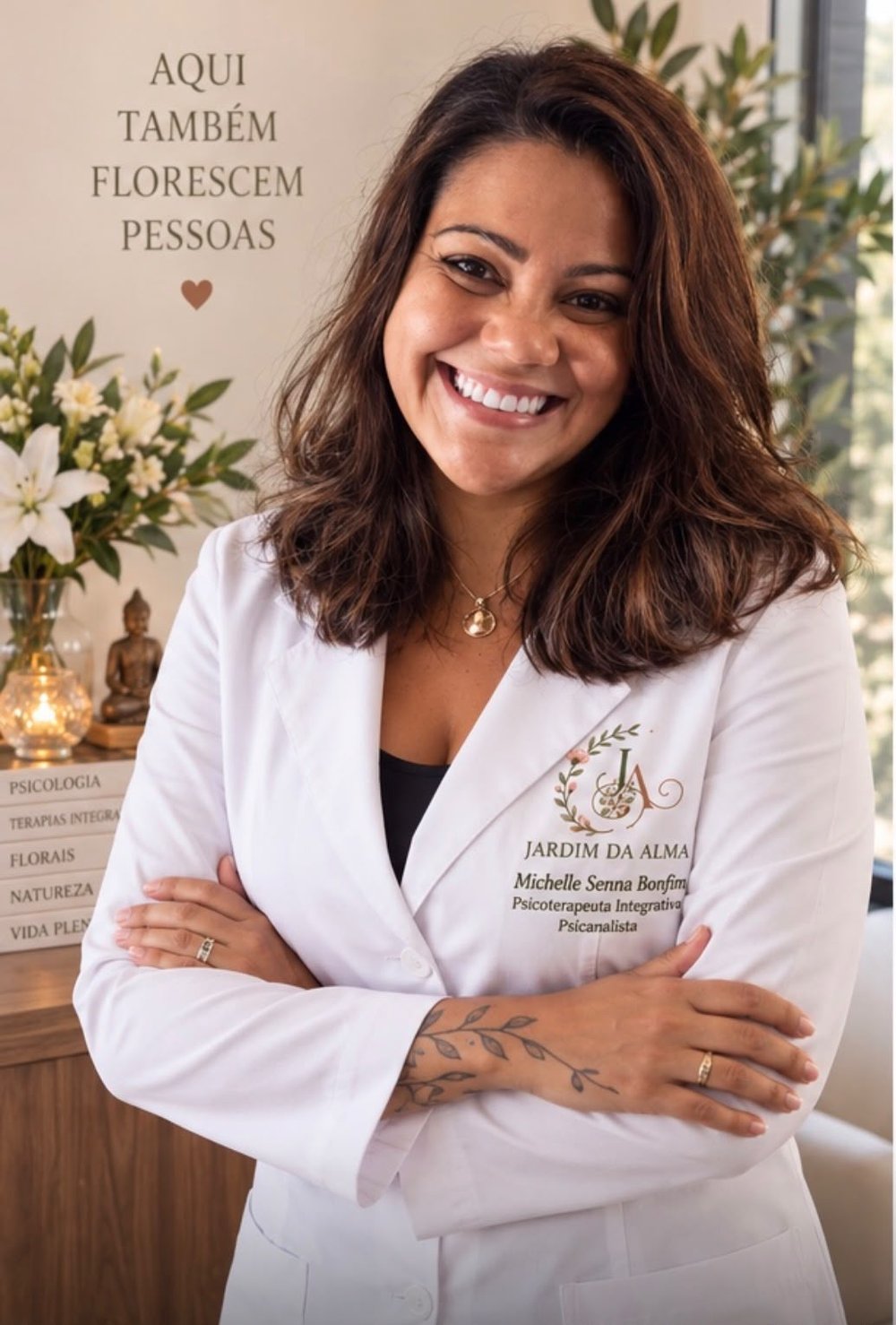 Michelle Senna Bonfim, fundadora do Jardim da Alma, de bata branca com o logótipo bordado